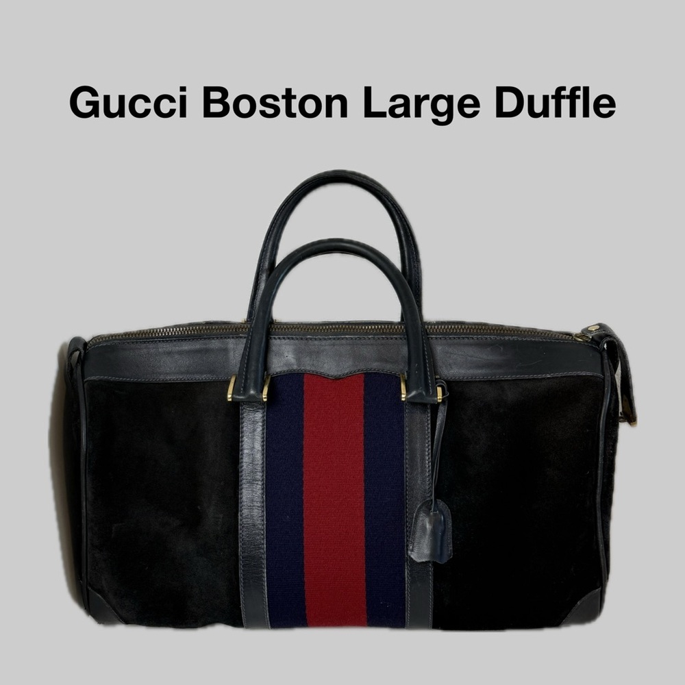 Vintage Gucci Black Suede Boston bag Duffle overnight lock/key COA